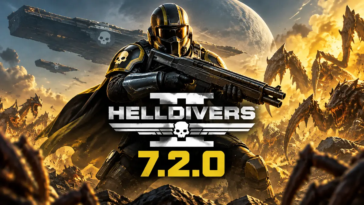 Helldiver в броне Helldivers 2 с дробовиком на фоне Super Destroyer и жуков-терминидов, логотип игры