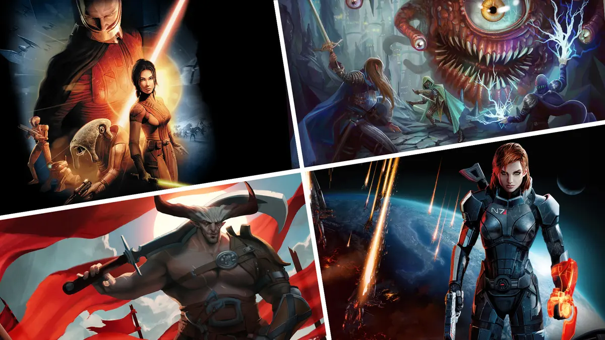Art from Bioware games: Knights of the Old Republic, Baldur's Gate 2, Dragon Age: Inquisition, and Mass Effect 3