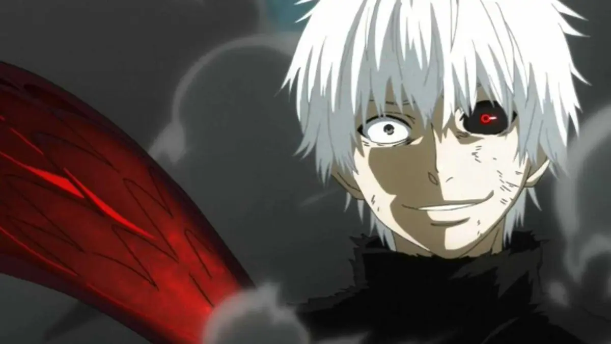 Kaneki Ken grinning in ghoul form in Tokyo Ghoul anime