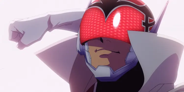 A masked figure smiling and throwing a punch in Go Go Loser Ranger