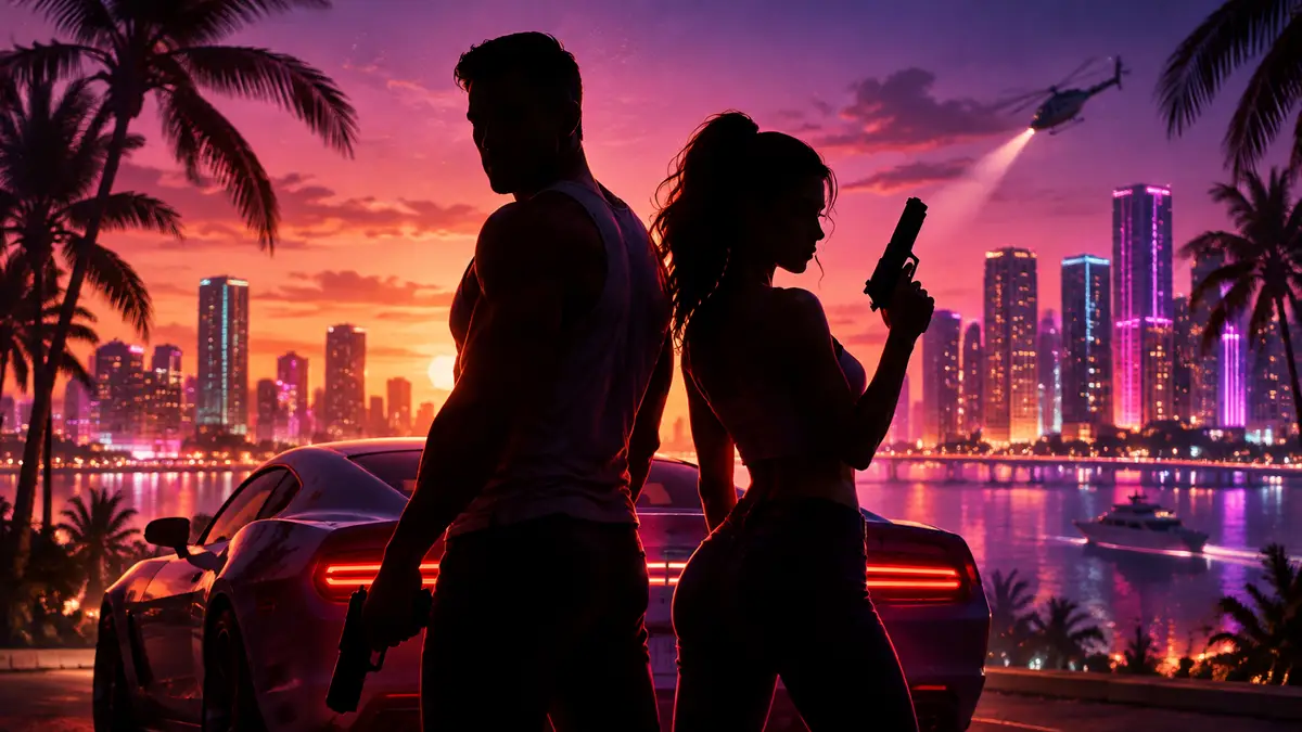 Постер GTA 6 с персонажами Джейсоном и Люсией на фоне неонового города