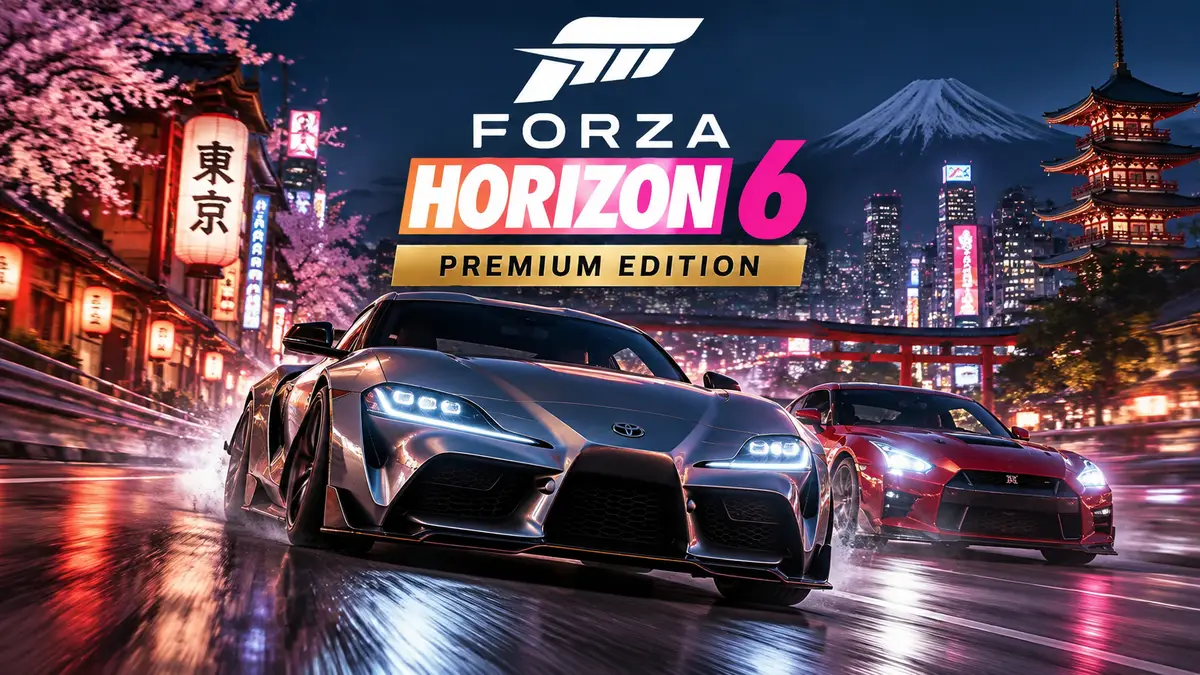 Спорткары мчатся по ночному японскому городу на постере Forza Horizon 6 Premium Edition с логотипом игры