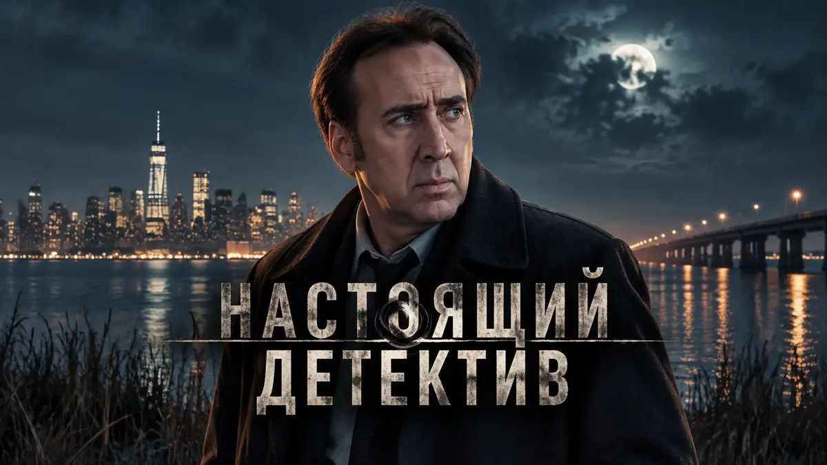 Николас Кейдж в образе детектива на фоне ночного залива Джамейка в Нью-Йорке, постер «Настоящий детектив»
