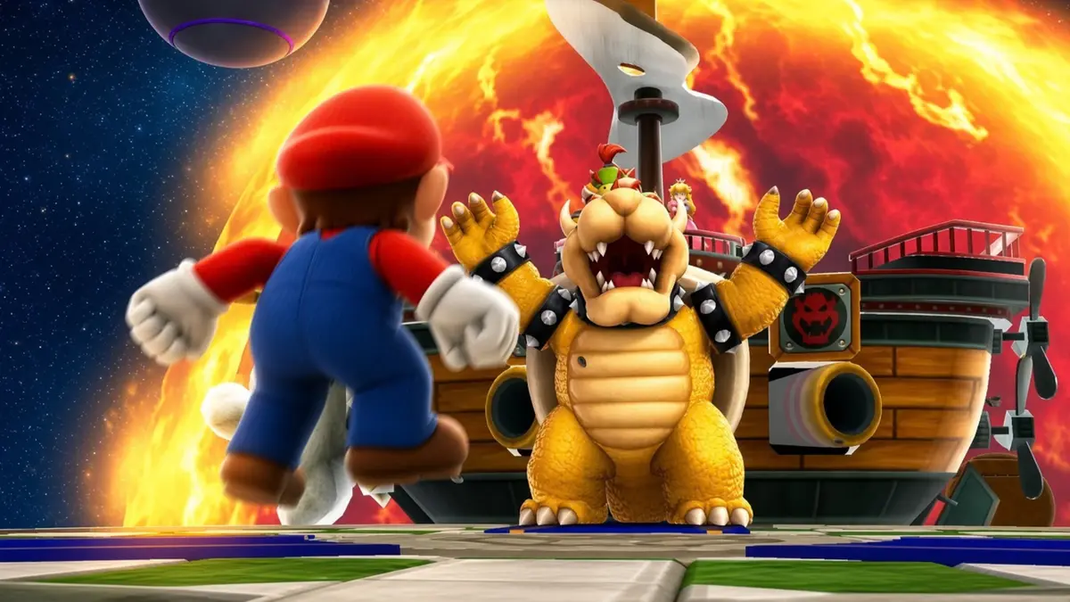 mario confronting bowser and baby bowser in mario galaxy.