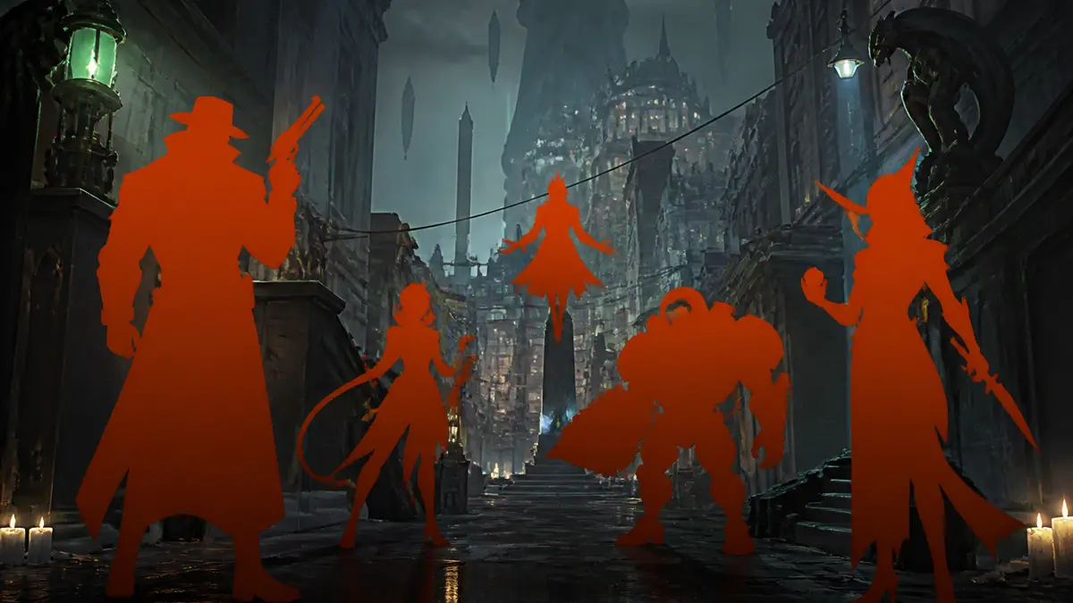 Концепт-арт персонажей на улицах мрачного города в стилистике игры Deadlock от Valve