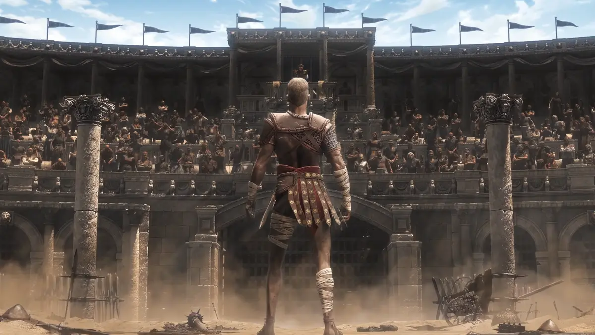 a man in the center of a collosseum staring at a crowd in path of exile 2.