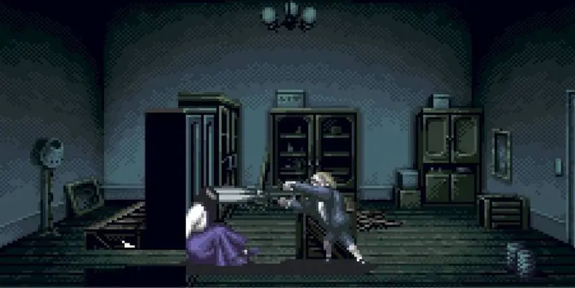 A man attacks a woman with a giant pair of scissors in Clock Tower