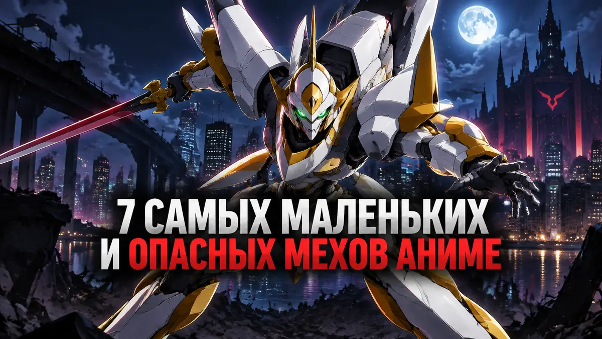 Компактный аниме-мех Lancelot из Code Geass в боевой стойке на фоне ночного города в стиле постера