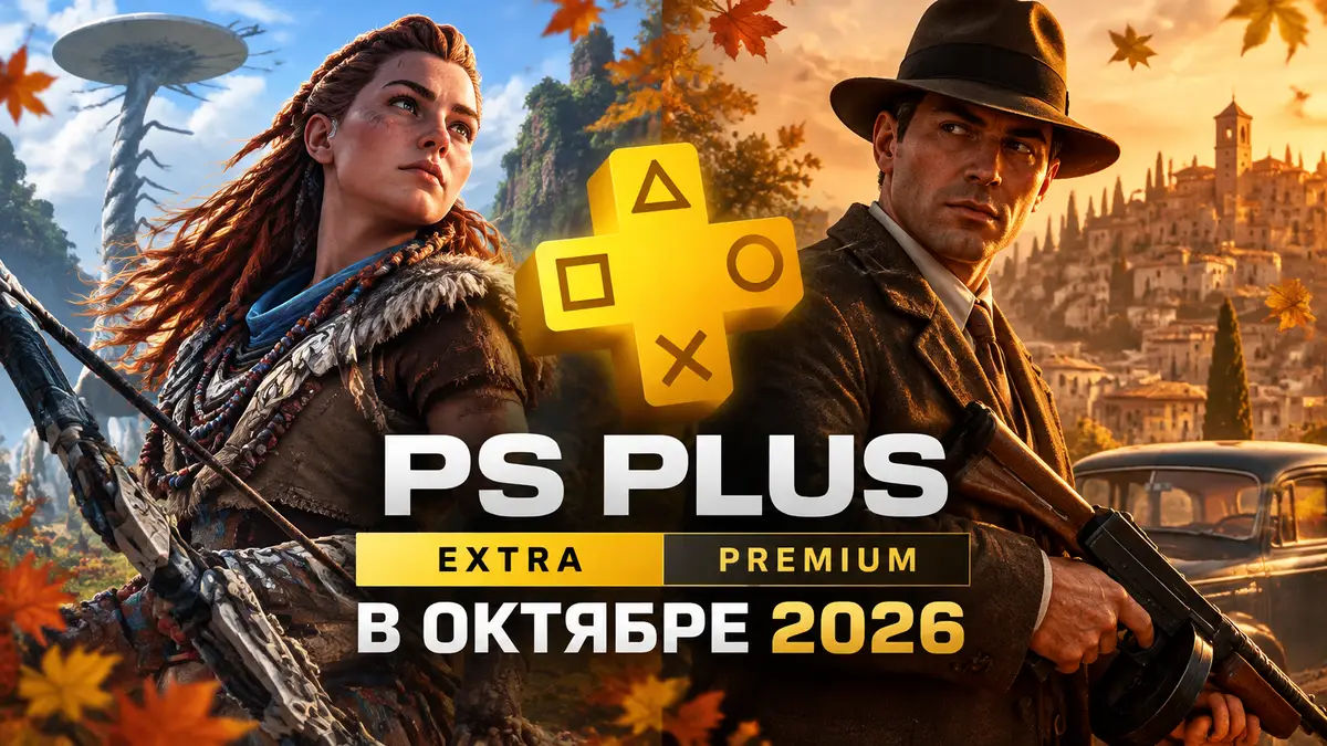 Постер PS Plus Extra и Premium октябрь 2026: Элой из Horizon Forbidden West и гангстер Mafia в осеннем свете