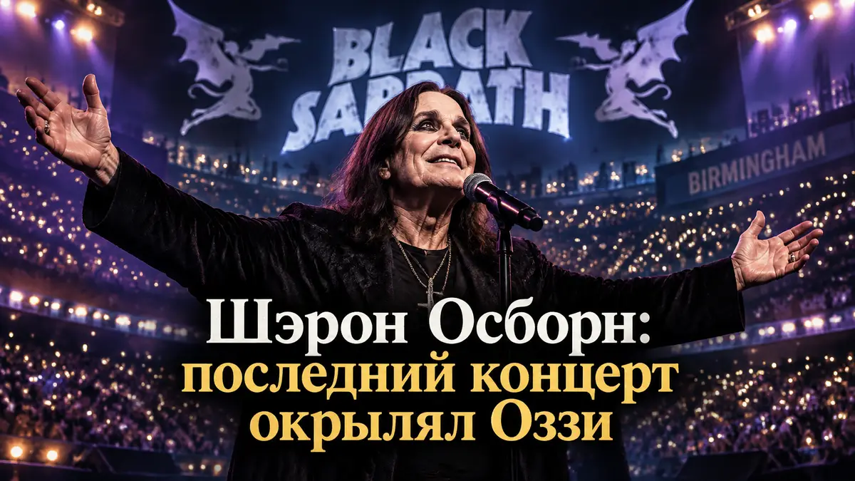 Оззи Осборн в чёрном на сцене у микрофона, логотип Black Sabbath и огни стадиона в Бирмингеме