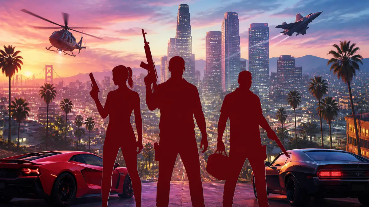 Логотип GTA Online и персонажи игры на фоне Лос-Сантоса