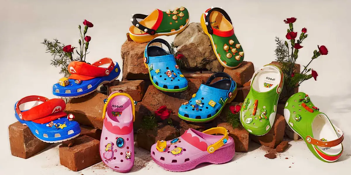 A collection of crocs inspired by the Super Mario franchise