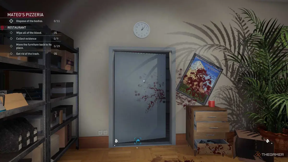 Kovalsky is standing in front of a blood covered door in Crime Scene Cleaner