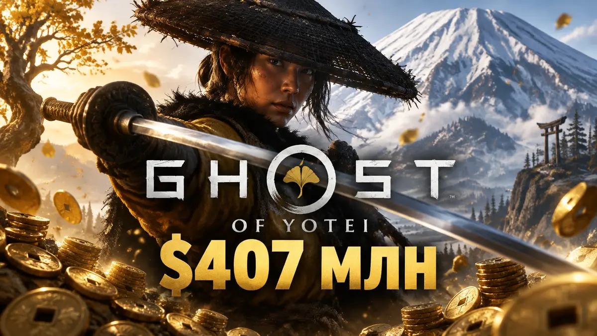 Героиня Ghost of Yotei с катаной на фоне заснеженной горы и золотых монет, постер в стиле игры