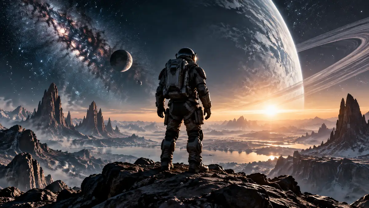 Космонавт в массивном скафандре на фоне инопланетного пейзажа и звезд в Starfield