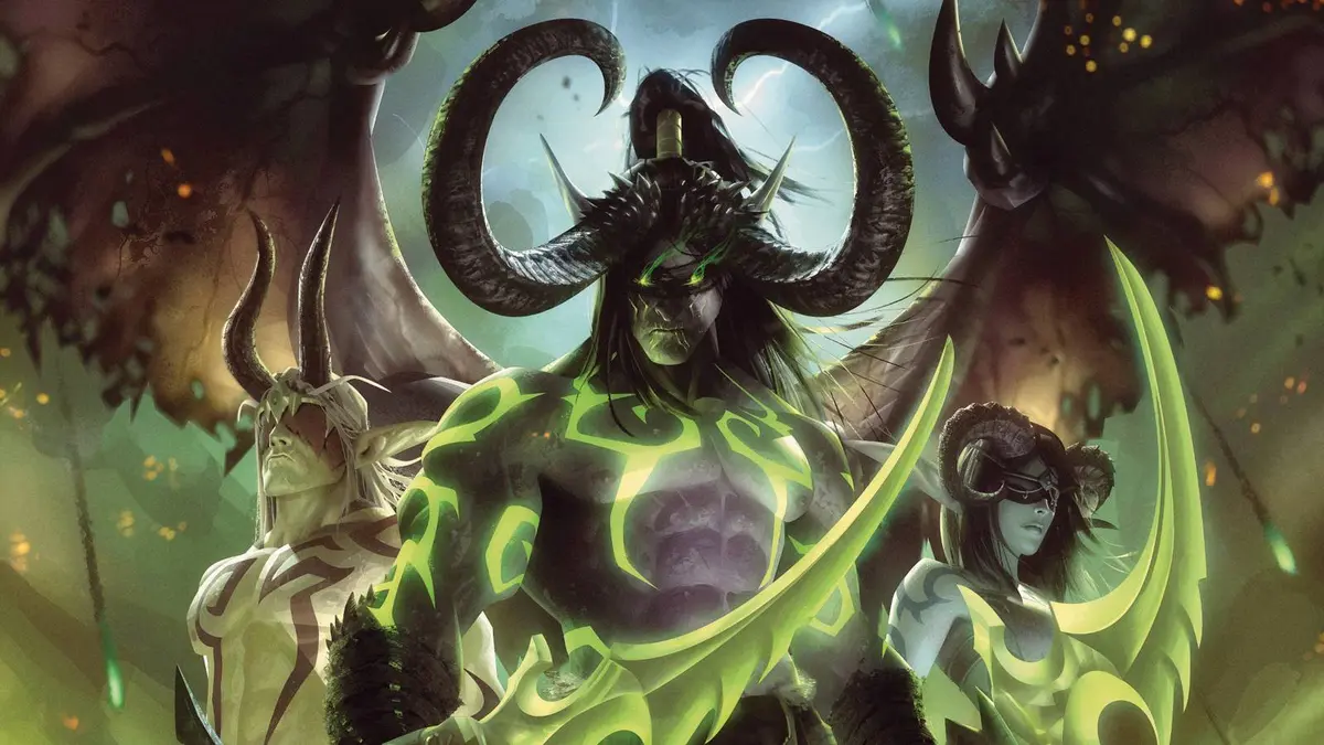 Three Demon Hunters stand ready in artwork for Dungeons and Dragons: World of Warcraft.