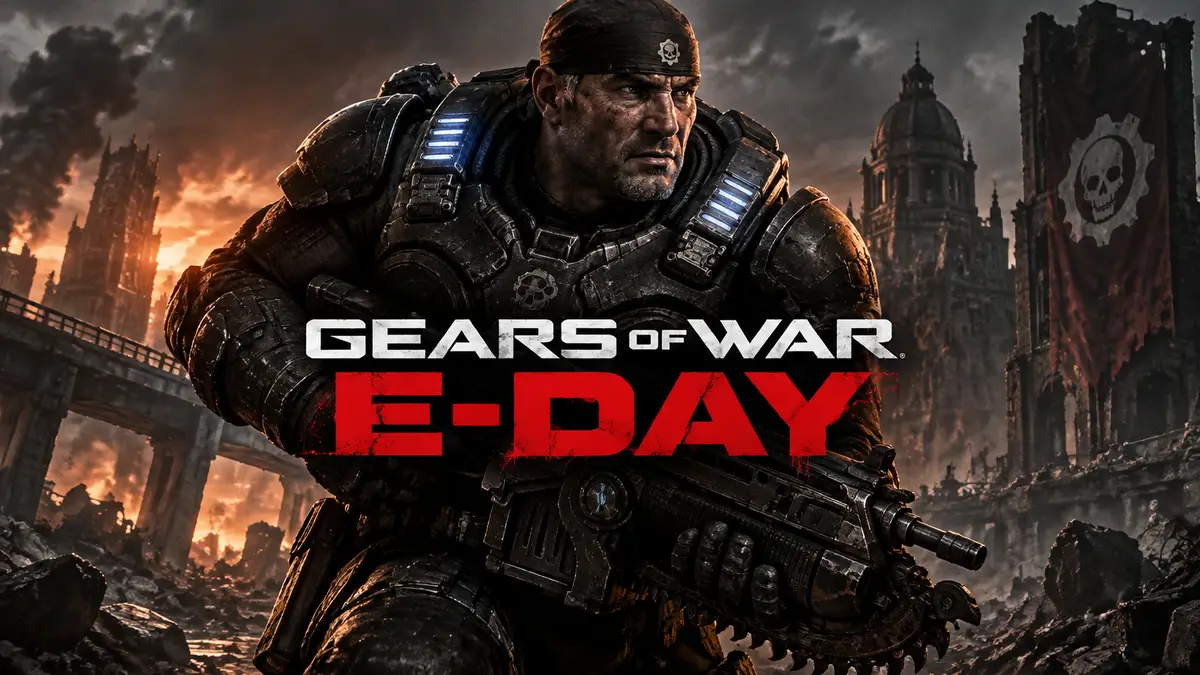 Солдат COG в тяжёлой броне с лансером на фоне разрушенного города, логотип Gears of War: E-Day