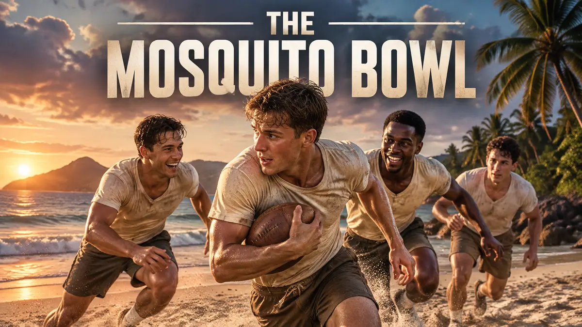 Четверо молодых футболистов с мячом на тропическом пляже, постер фильма The Mosquito Bowl