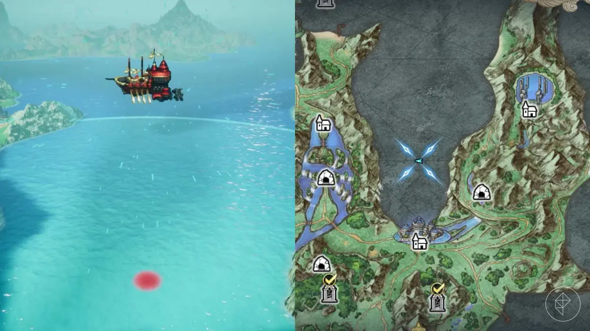 An airship above the water in Olderion in Final Fantasy Resonance.