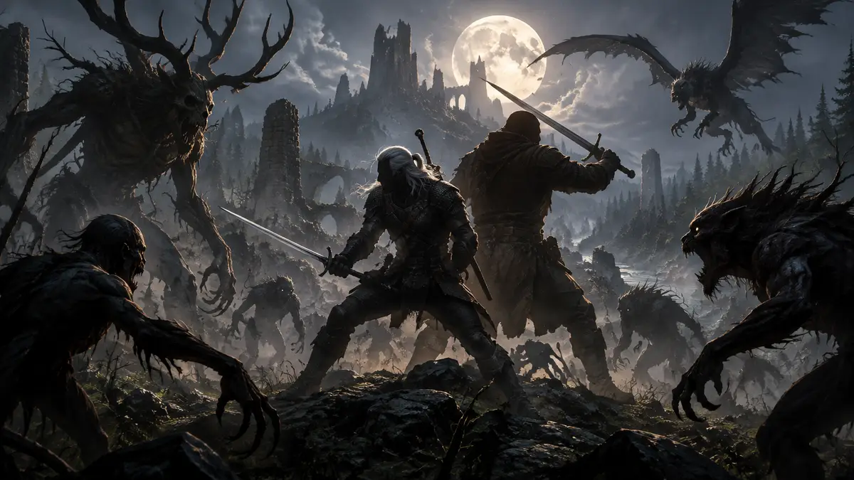 Геральт из Ривии и Лето из Гулеты среди монстров в настолке The Witcher: No Man's Land