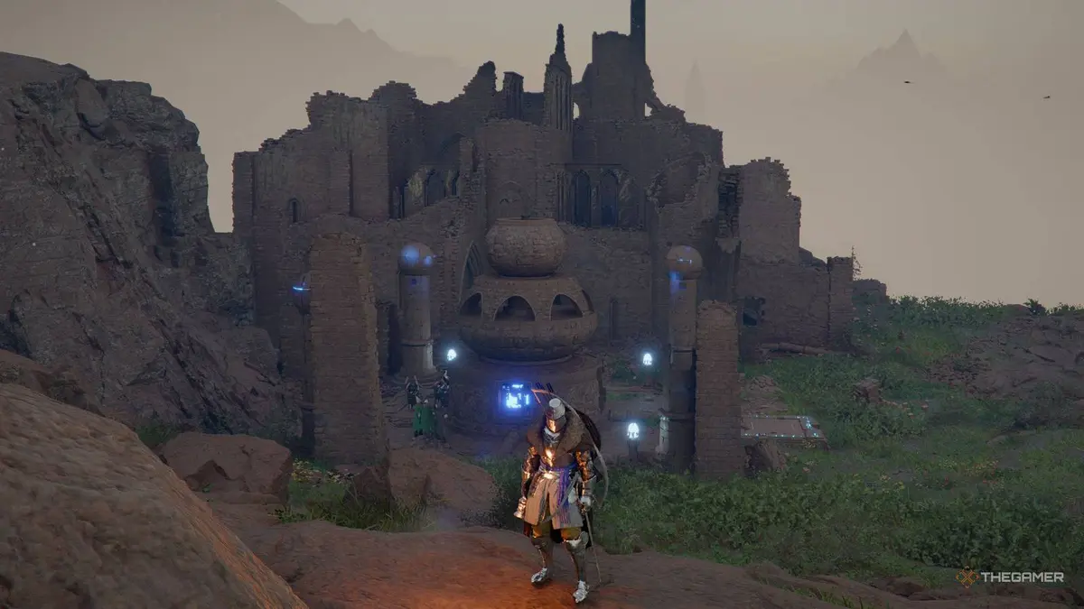 Crimson Desert Kliff standing in front of Sanctum of Absolution.