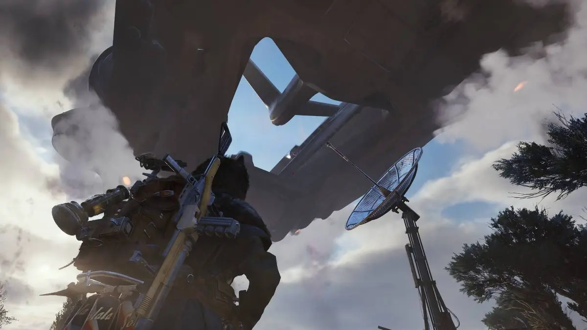 The player looking up at the Frigate in Arc Raiders.
