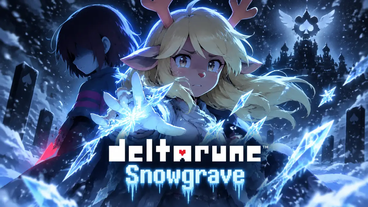 Ноэль из Deltarune в снежной буре с ледяной магией, за спиной Крис — арт «Странный путь» Snowgrave