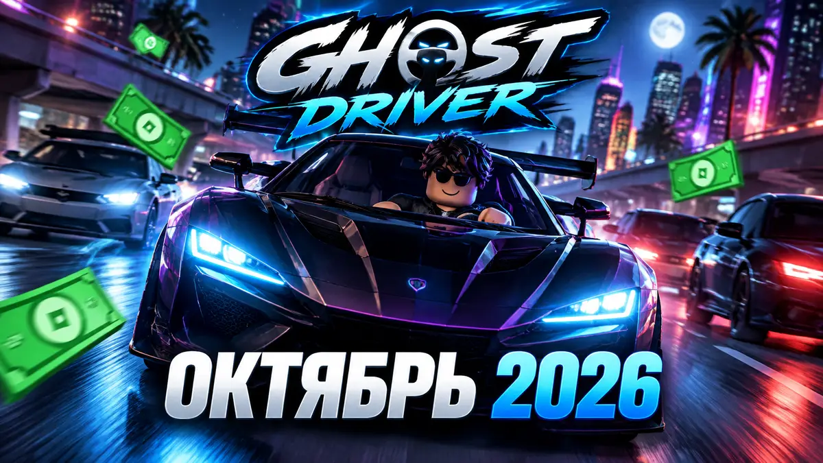 Спорткар Ghost Driver мчится сквозь ночной поток машин в Roblox, неоновые огни и логотип игры