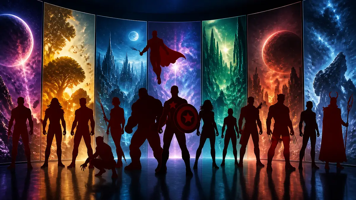 Официальный логотип Marvel Studios на фоне анонсированных постеров будущих премьер