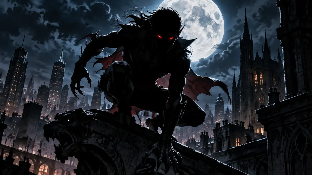 Вампир-мутант Empyre из комикса Midnight X-Men в ночном городе под луной, мрачный стиль Marvel Comics