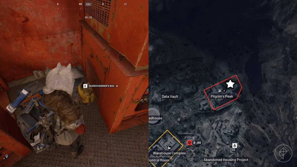 The left-hand side of the image shows the player in front of Dodger's deal spot in Arc Raiders while the right-hand side of the image shows the location marked on the in-game map with a star icon.