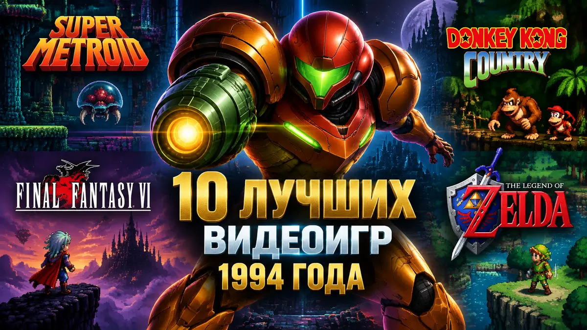 Самус Аран в броне на фоне неоновых лабиринтов и логотипов классических видеоигр 1994 года