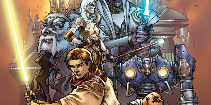 Zayne Carrick with his yellow lightsaber in a collage of Knights of the Old Republic's main cast.