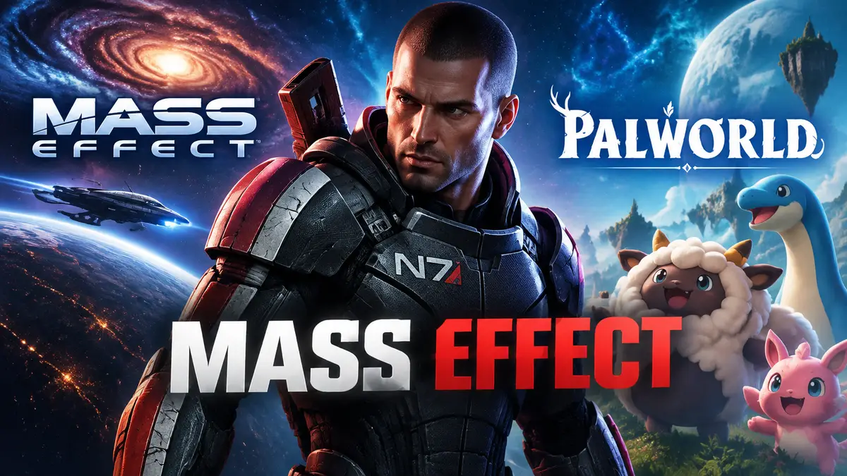 Командор Шепард в броне N7 на фоне логотипов Mass Effect и Palworld, звёздный космос и туманности