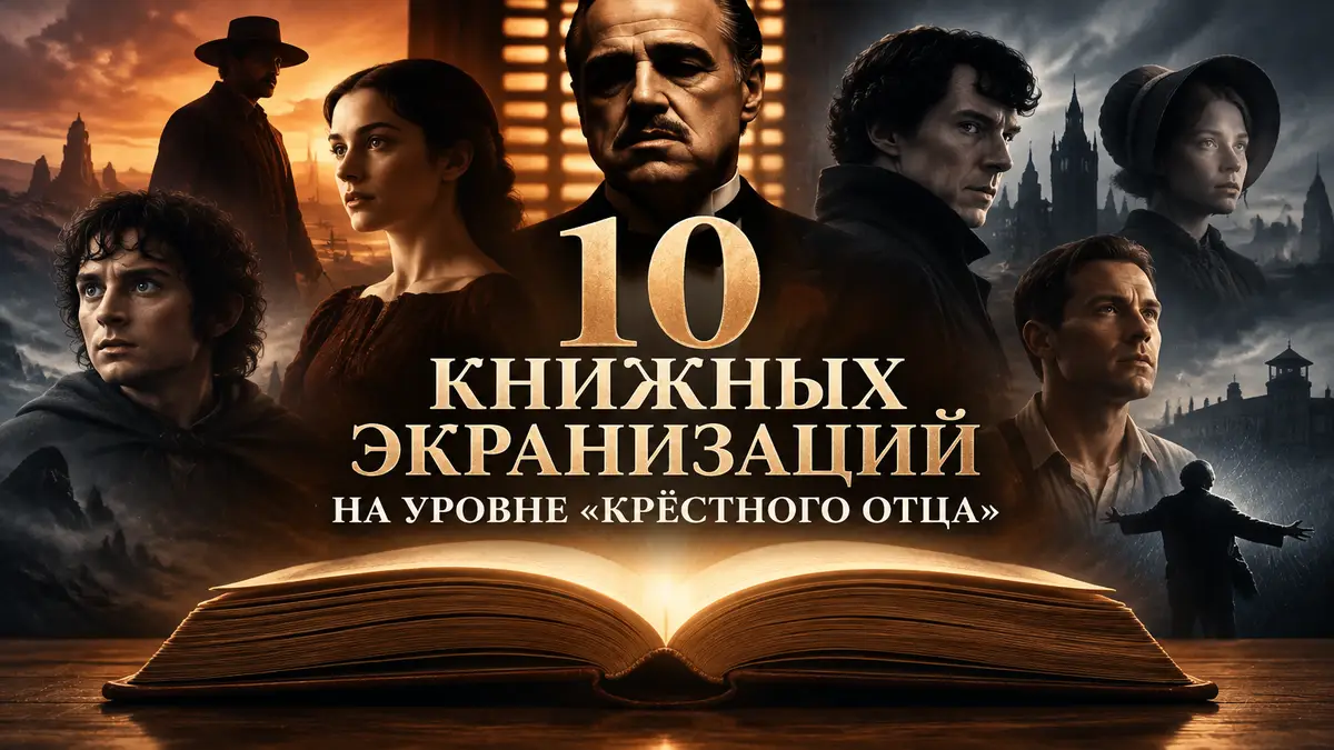 Книга и силуэты героев экранизаций на кинематографичном драматичном постере