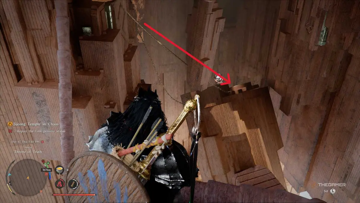 A player solving the Throne of Truth abyss puzzle in Crimson Desert.