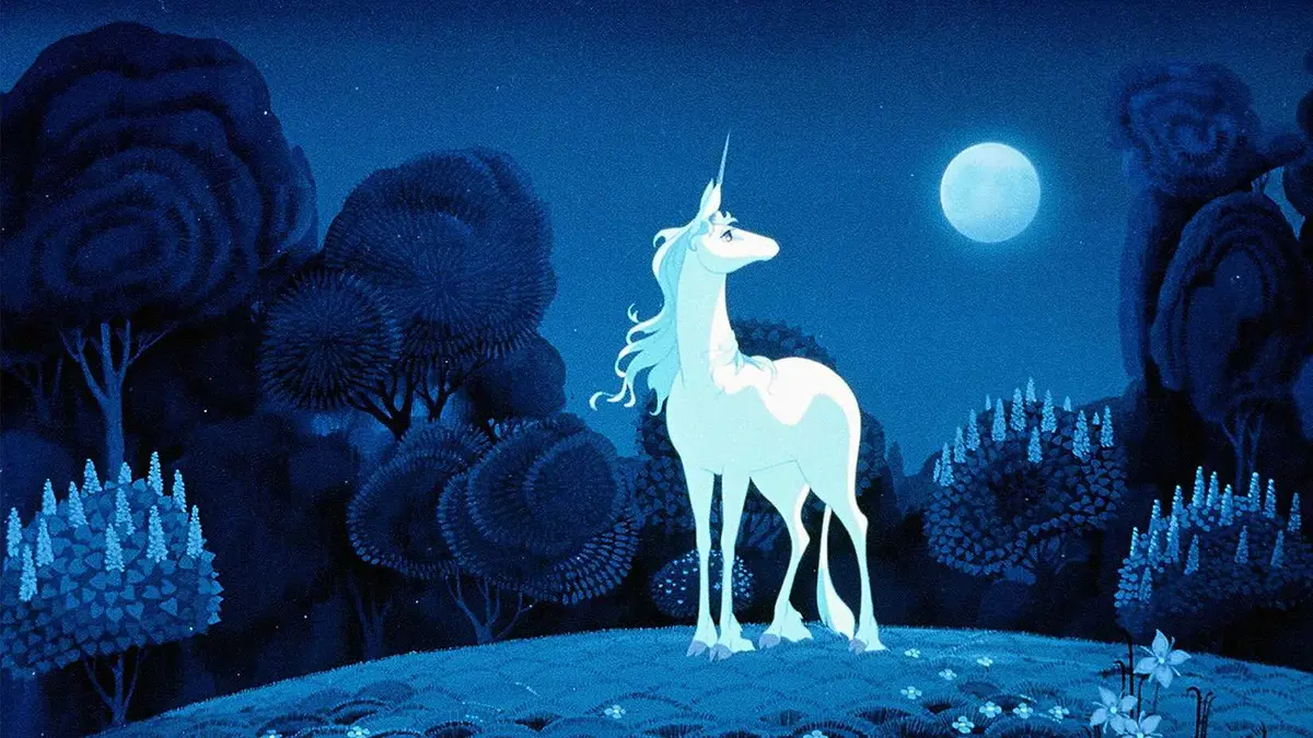 The unicorn from The Last Unicorn stares at the moon.