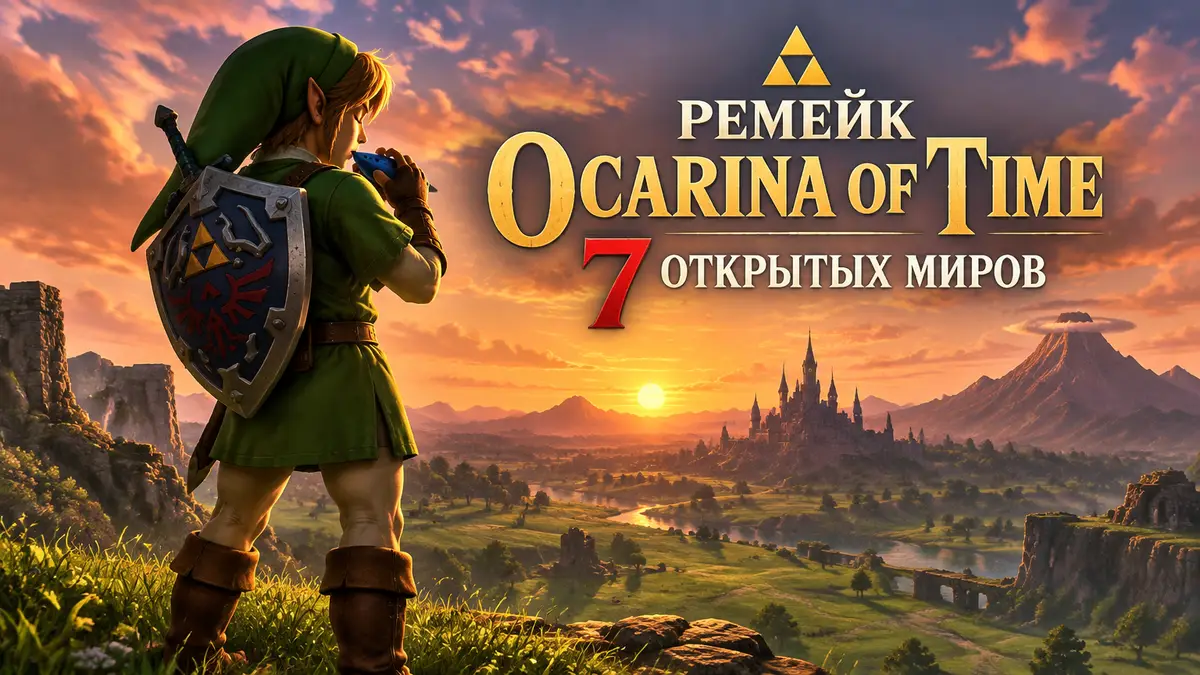 Линк в зелёной тунике с Окариной на холме над Hyrule Field, ремейк Zelda: Ocarina of Time, закат