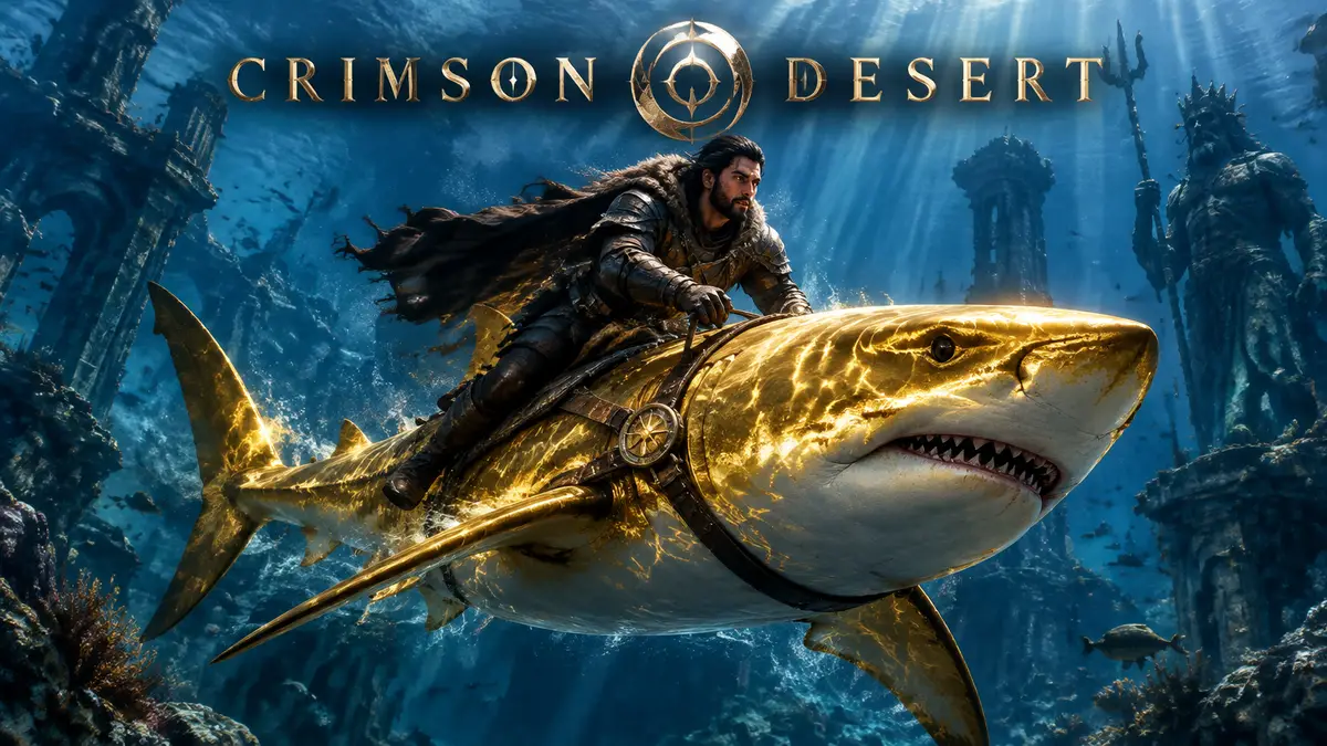 Герой верхом на золотой акуле Golden Shark в глубинах океана Crimson Desert