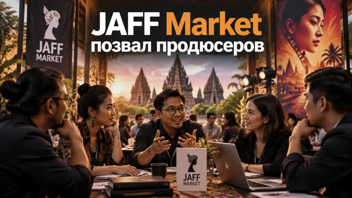 Продюсеры за столом переговоров на кинорынке JAFF Market в Джокьякарте, яркий постер азиатского кино