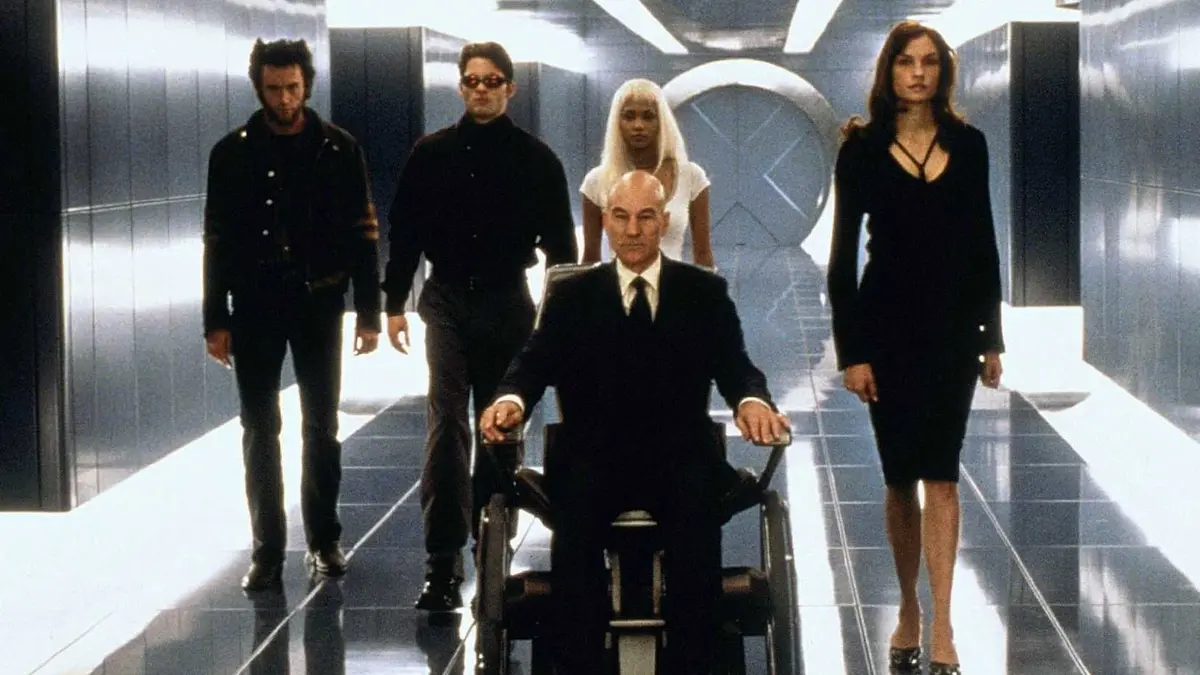 Wolverine, Cyclops, Storm, Professor X, and Jean Grey going through Cerebro hallway