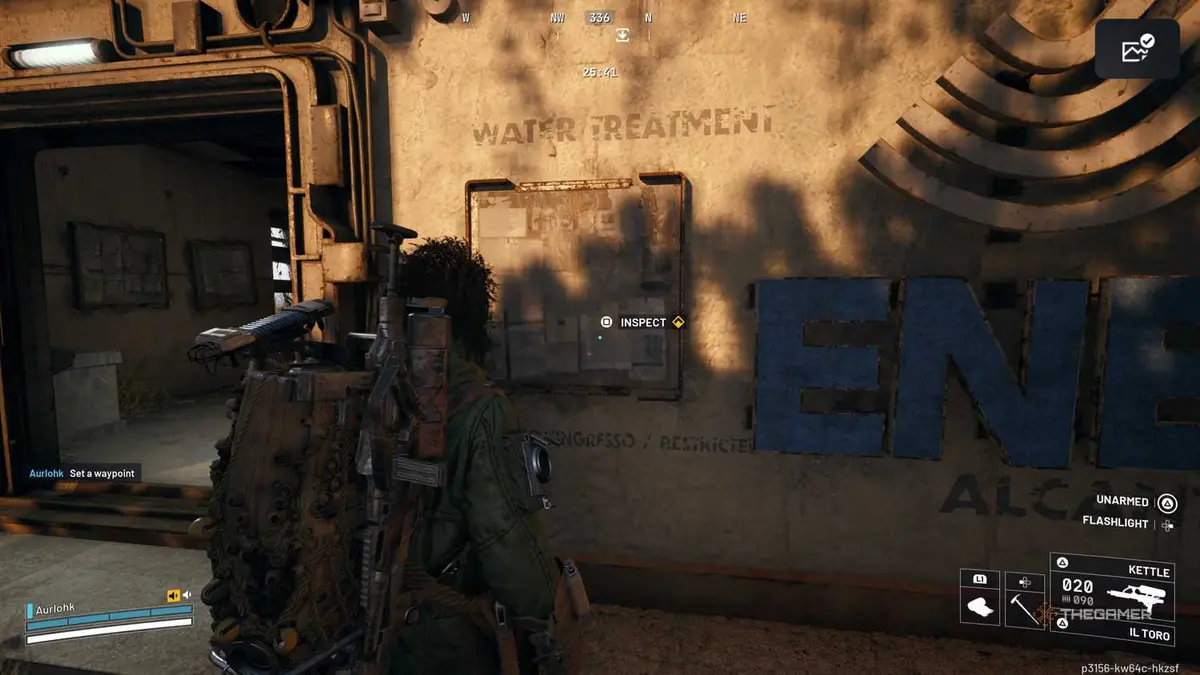 Player raider standing by a notice board outside Water Treatment Control with an interact prompt on it in Arc Raiders.