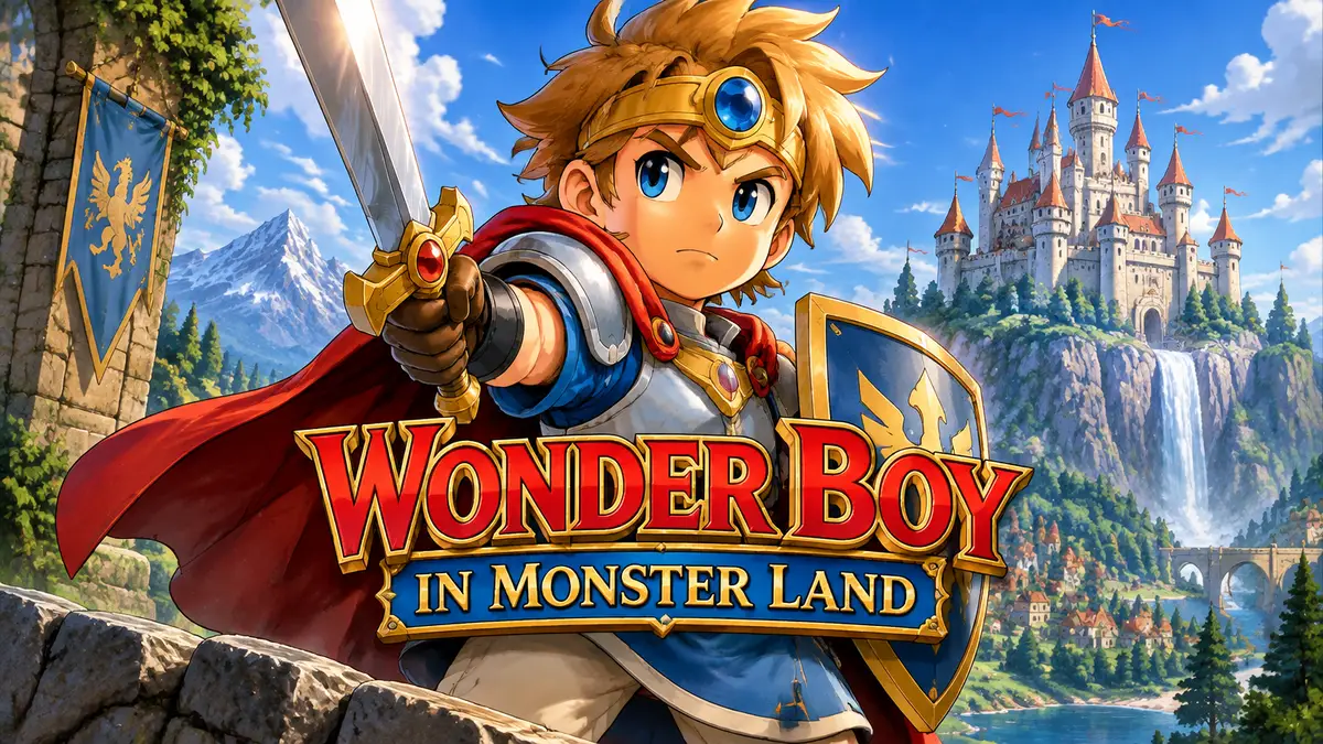Постер Wonder Boy in Monster Land с героем фэнтези на фоне сказочного замка