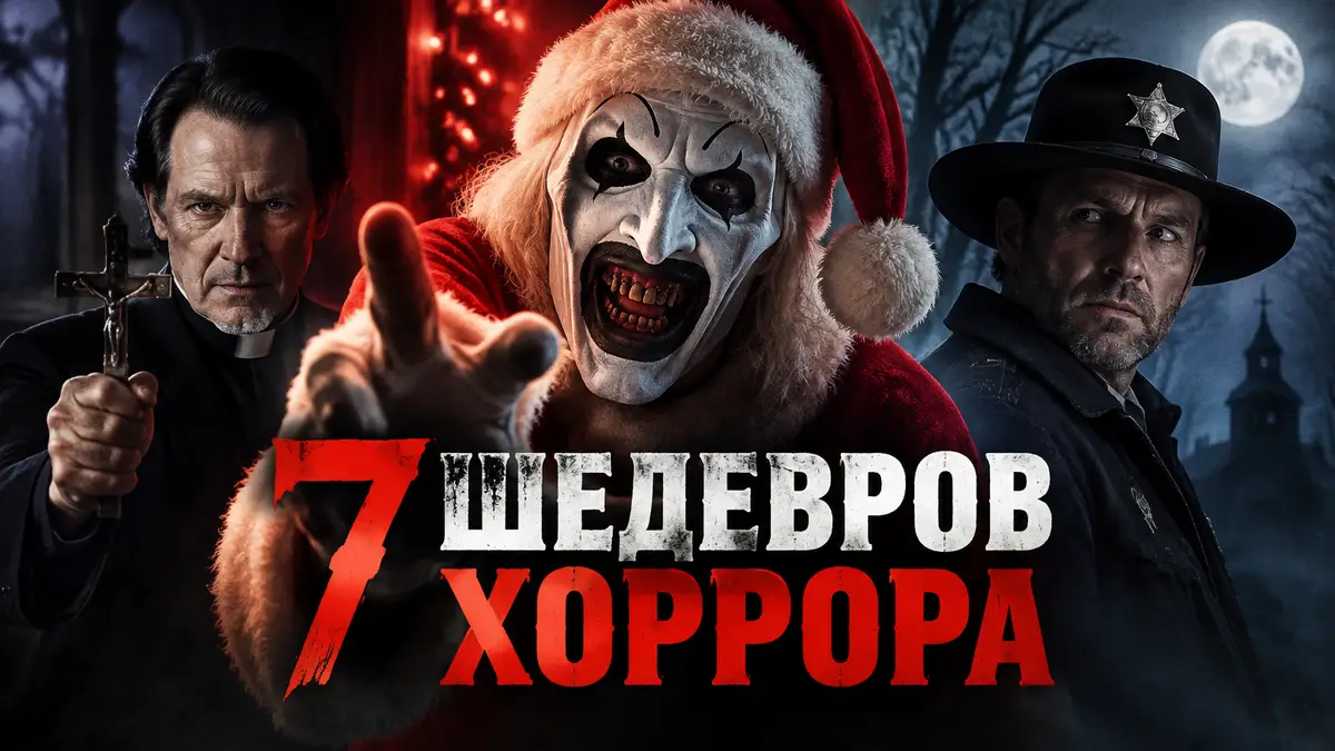Клоун Арт в костюме Санты, отец Каррас и шериф в котелке на мрачном постере хоррор-подборки фильмов ужасов