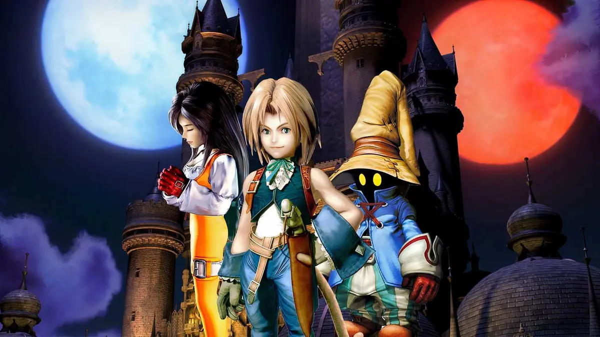Final Fantasy 9 image of Dagger Zidane and Vivi in front of a castle