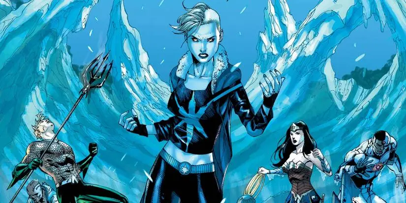 Killer Frost (center) surrounded by members of the Suicide Squad & Justice League as an ice storm consumes them.