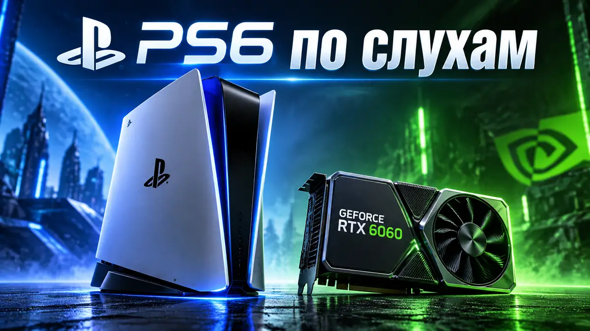 Футуристичная консоль PS6 в центре рядом с видеокартой GeForce RTX 6060 на фоне сине-зелёного неона
