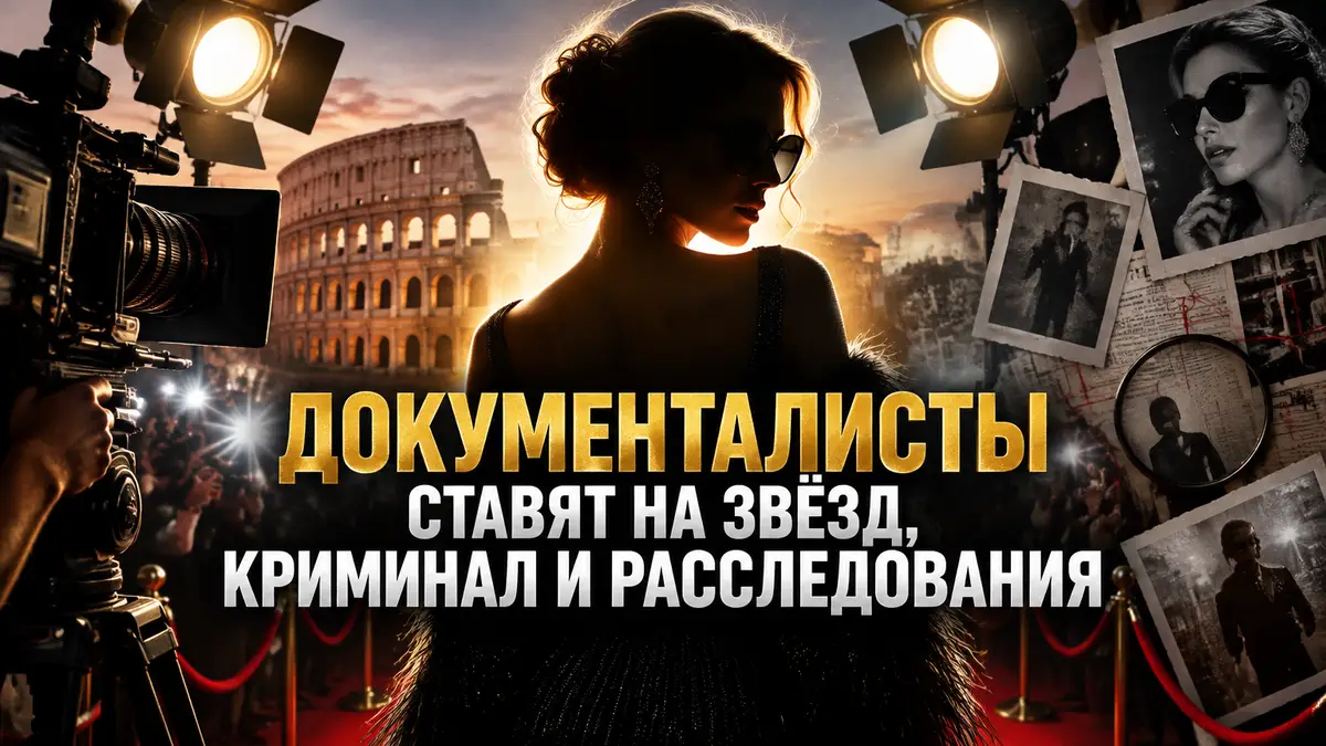 Постер документального кино: силуэт знаменитости под софитами, кинокамера и заголовки таблоидов на фоне