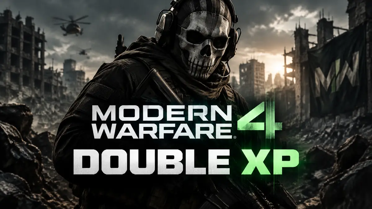 Боец в маске-черепе у разрушенного города и надпись Double XP в стиле Call of Duty Modern Warfare 4