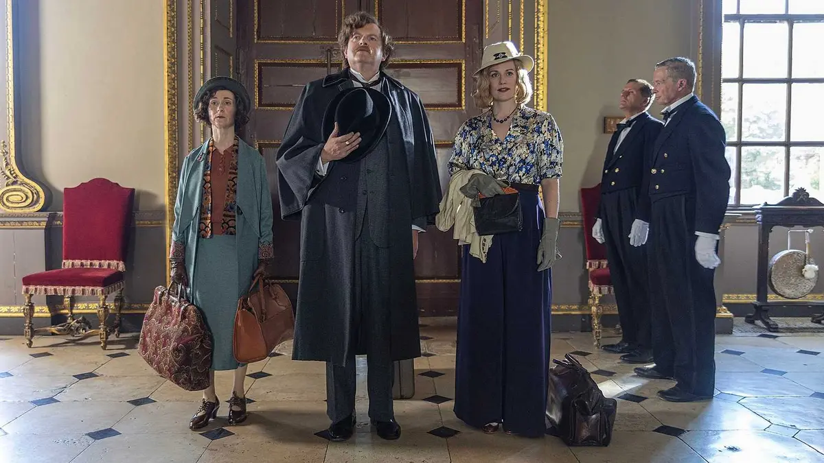 The first image of The Detection Club, with Bryony Hannah as Agatha Christie, Miles Jupp as GK Chesterton and Cara Theobold as Dorothy L. Sayers